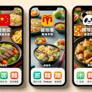 A collage showing three food delivery apps popular among Chinese speakers_ Hungry Panda, Fantuan, and Chowbus. The app interfaces are in Chinese, disp