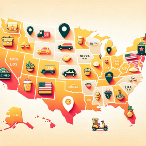 A map of the United States highlighted with various cities where Chinese-language food delivery apps are popular. The map shows key locations like New