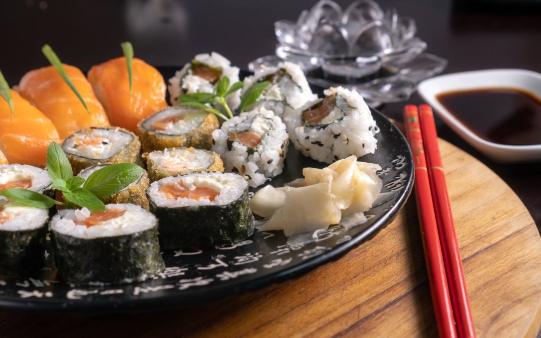 A platter of sushi rolls