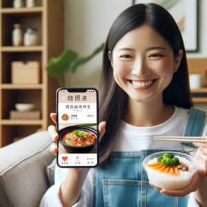 A Chinese speaker in the United States using a food delivery app on their phone, showing a Chinese interface, with authentic Chinese dishes displayed