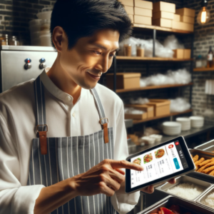 A Chinese restaurant owner in the U.S. receiving an order from a Chinese-language food delivery app. The owner is Asian, working in a busy kitchen, lo