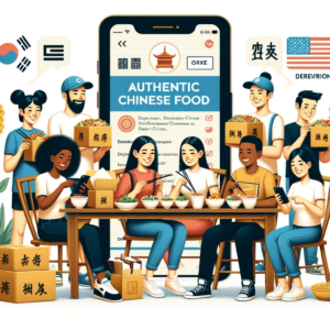 An illustration of diverse people in the U.S. enjoying authentic Chinese food ordered through a language-specific delivery app. The scene includes a g