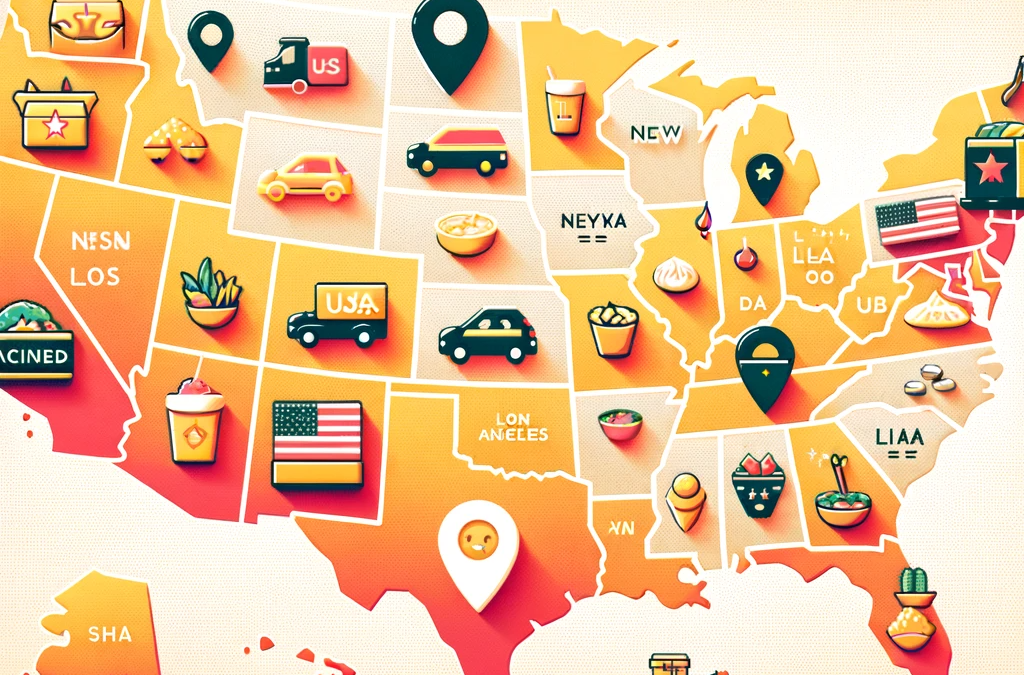 A map of the United States highlighted with various cities where Chinese-language food delivery apps are popular. The map shows key locations like New
